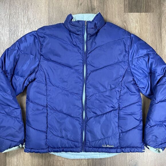LL BEAN Reversible Puffer Jacket Womens Size‎ M Blue Goose Down Full Zip - Picture 1 of 12